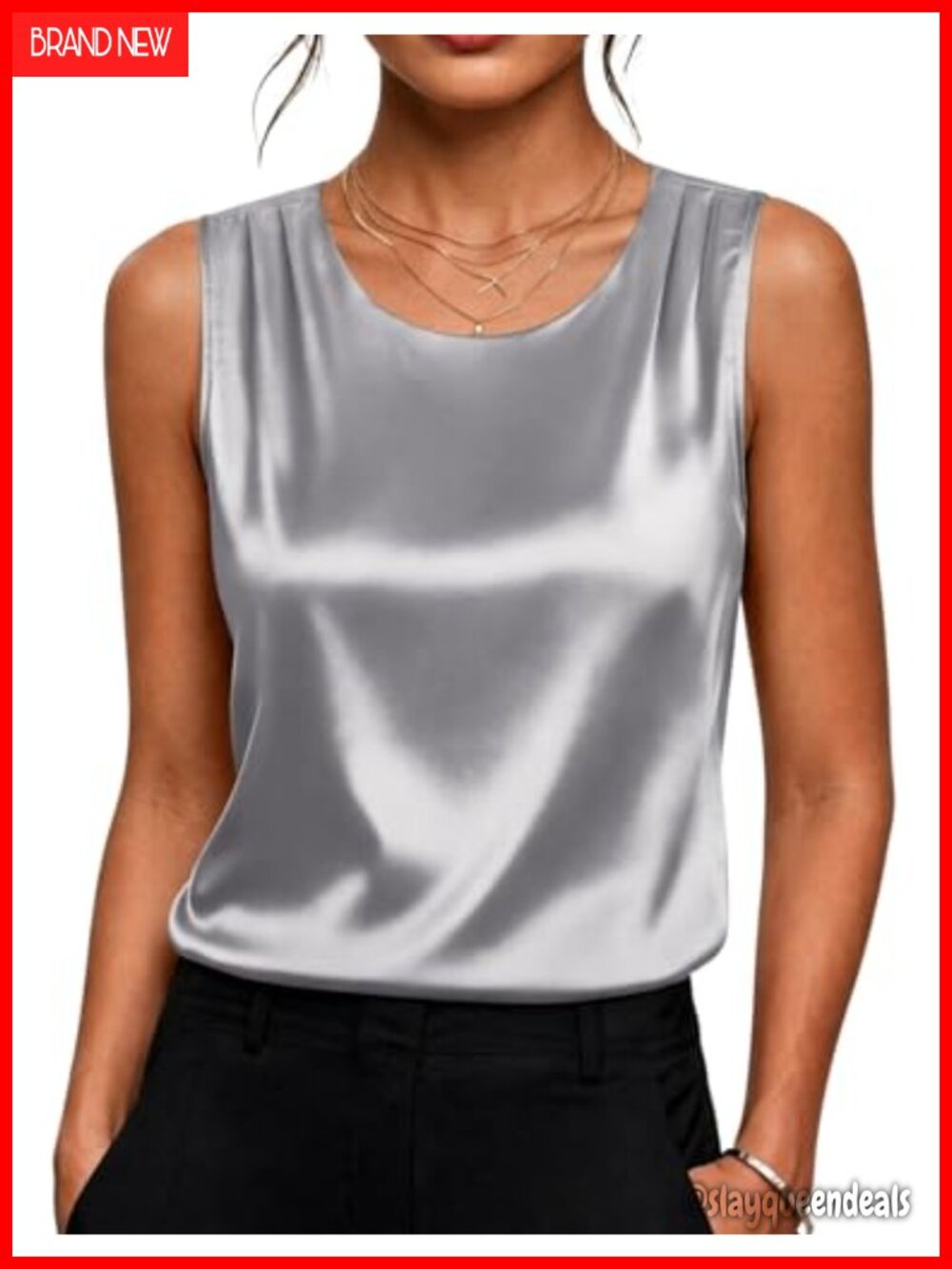 Womens Satin Tank Top Pleated Sleeveless Blouse Dressy Casual Tops